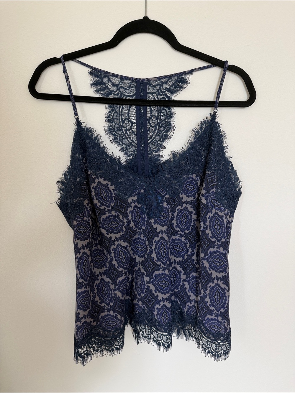 Gold Hawk Silk Navy Lace-Trim Printed Camisole with Decorative Lace T Back